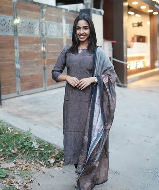 Midnight Slate Grey Muslin Kurti Set with Shawl