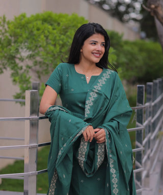 Emerald Sage Cotton Handloom 3-Piece Set with Pockets