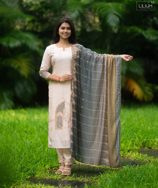 Vanilla Stone Tussar 3-Piece Festive Set with Pockets