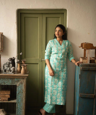 Seafoam Blossom Cotton Co-ord Set with 3/4 Sleeves