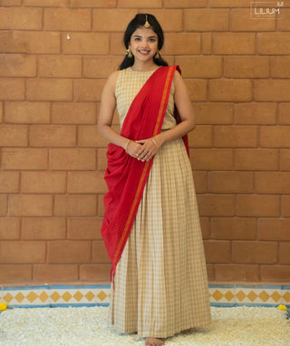 Royal Ecru Checks Cotton Handloom Crop Top Skirt Set