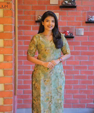 Olive Dew Shimmer Muslin Kurti – Elegant Elbow Sleeves