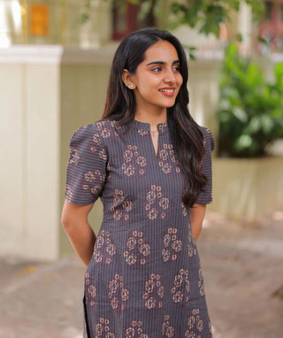Mauve Slate Bloom Cotton Kurti with Elbow Sleeves