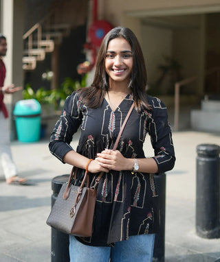 Midnight Lotus Noir Cotton Short Top – 3/4 Sleeves