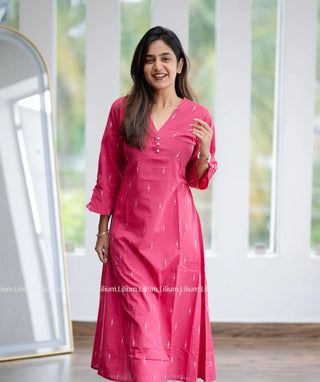 Pink Handloom Cotton Aline Kurti - Casual Wear