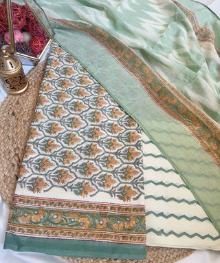 Unstitched Cotton Suit in Halfwhite with Green Floral Print