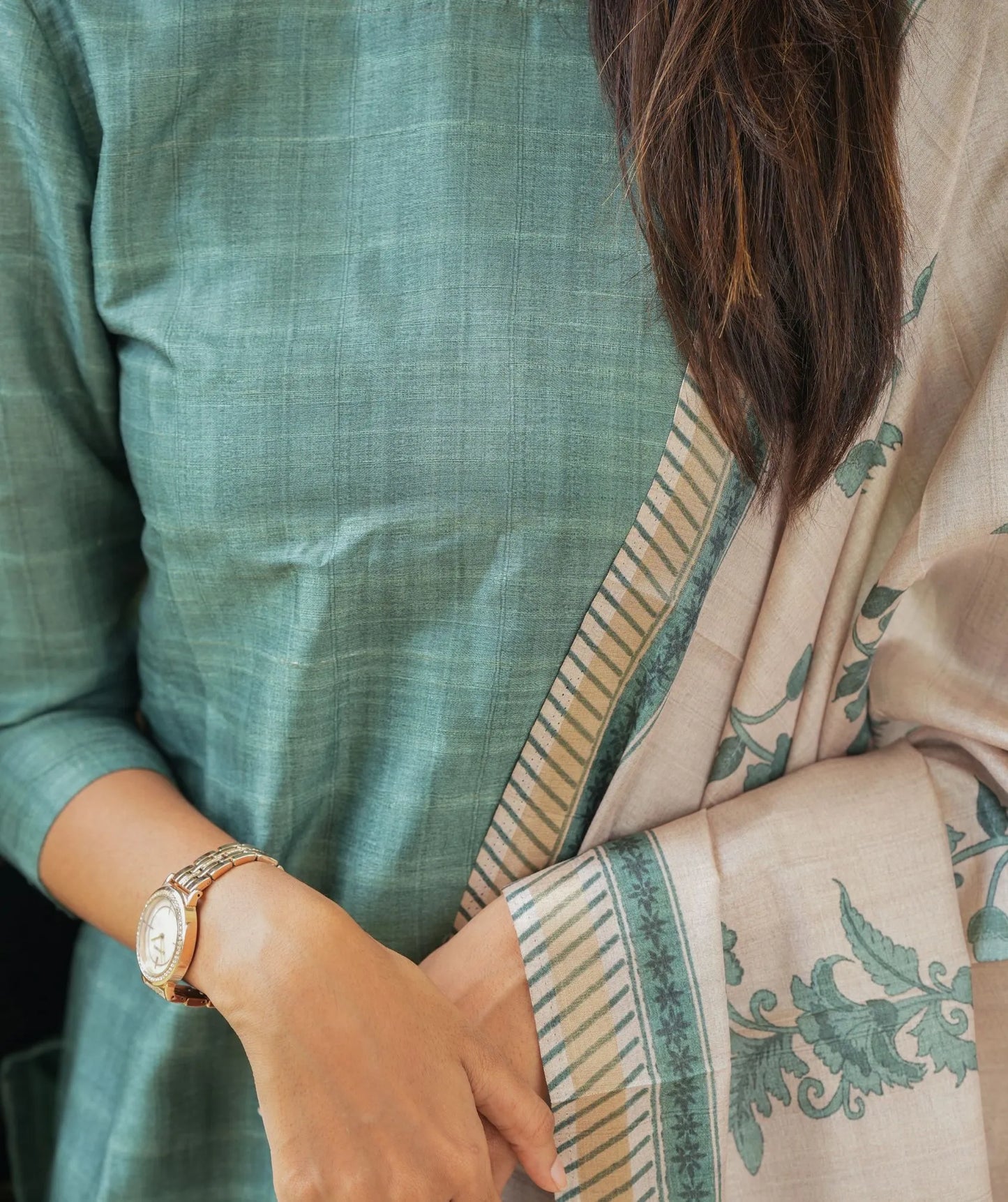 Sage Green Tussar Kurti with Shawl - Traditional Attire