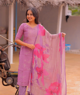 Duchess Lavender Linen Slub 3 Piece Set with Zari