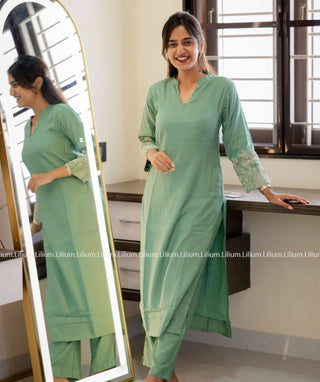 Turquoise Green Co-ords Dress with Embroidery - Casual Wear