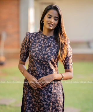 Navy Blue Manipuri Kurti – Casual Floral Dress