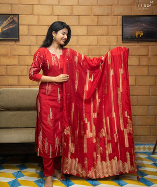 Bold Red Muslin 3 Piece Set with Zari Embroidery