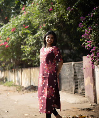 Crimson Dahlia Wine Cotton Kurti with Elbow Sleeves