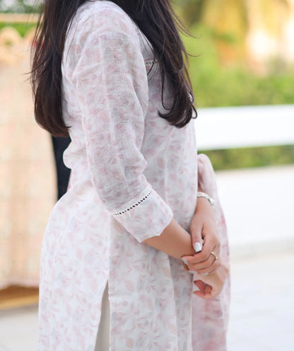 Dawn's Embrace - White Kurti With Soft Pink Floral Prints with Shawl