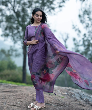 Dusty Lavender Bloom Muslin 3 Piece Festive Kurta Set