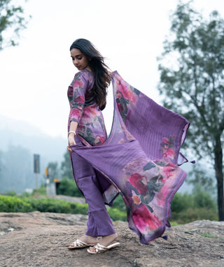 Dusty Lavender Bloom Muslin 3 Piece Festive Kurta Set