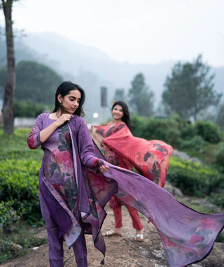 Dusty Lavender Bloom Muslin 3 Piece Festive Kurta Set