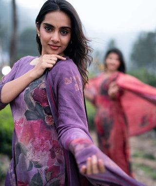 Dusty Lavender Bloom Muslin 3 Piece Festive Kurta Set