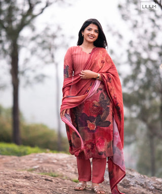 Rustic Terracotta Hand Embroidered Muslin 3 Piece Set