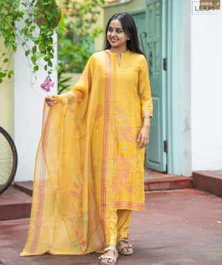 Mellow Yellow Muslin 3-Piece Set with Handcrafted Embroidery