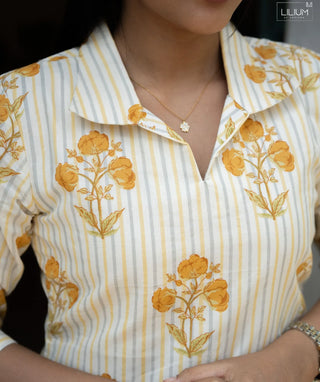 Halfwhite & Yellow Striped Floral Cotton Kurti – Casual Wear