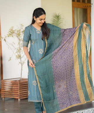 Celeste Jade Muslin Silk 3-Piece Festive Set with Zari