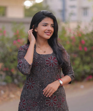 Charcoal Maroon Bloom Muslin Kurti for Women