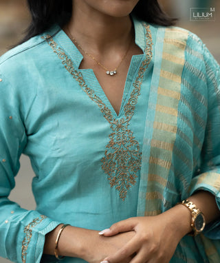 Aqua Celestial Pearl Muslin Silk 3 Piece Festive Set