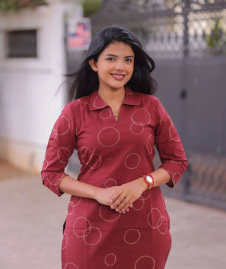 Crimson Merlot Cotton Kurti with 3/4 Sleeves