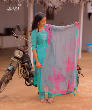 Regal Turquoise Linen Slub 3 Piece Set with Zari