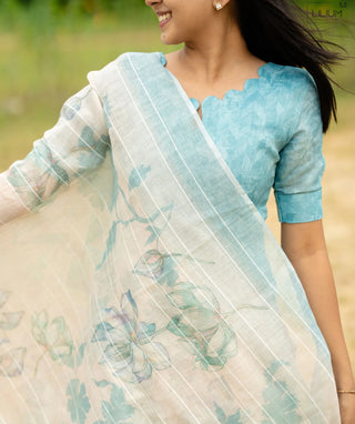 Aqua Fern Linen Zari Silk Kurti with Shawl – Casual Elegance