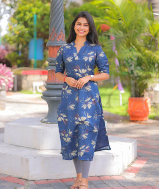 Moonlit Blue Muslin Kurti with Elbow Sleeves for Daily Wear