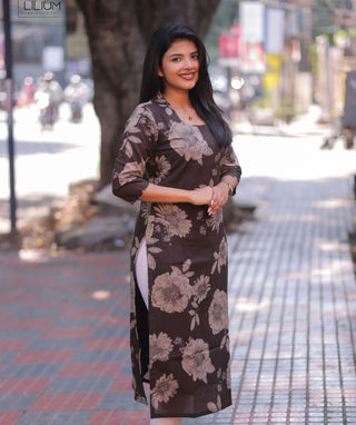 Mocha Magnolia Cotton Printed Kurti for Everyday Elegance