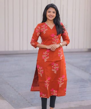 Terracotta Rose Cotton Kurti with 3/4 Sleeves