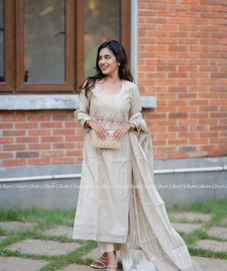 Festive 3-Piece Set in Cream Jute Linen with Embroidery