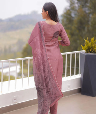 Vintage Rosewood Hand Embroidered Slub Muslin 3 Piece Set
