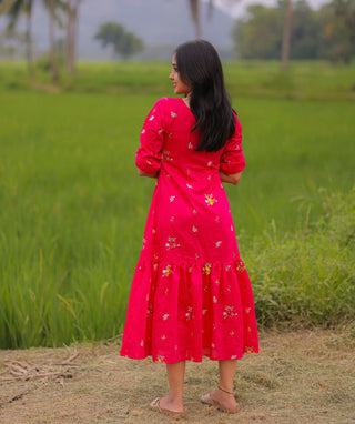 Rosé Pink Embroidered Blossom Maxi Dress in Mul Cotton