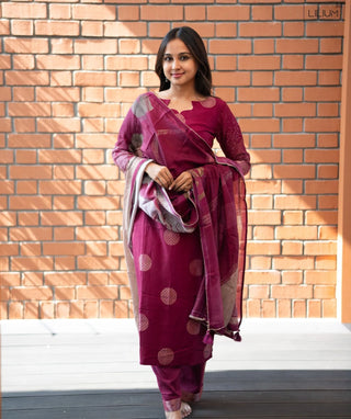 Royal Raspberry Wine Muslin 3 Piece Festive Wear Set