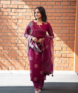 Royal Raspberry Wine Muslin 3 Piece Festive Wear Set