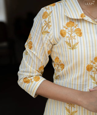 Halfwhite & Yellow Striped Floral Cotton Kurti – Casual Wear