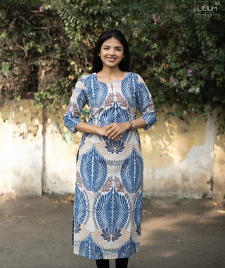 Indigo Fern Mist Cotton Kurti with 3/4 Sleeves – Lined
