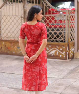 Coral Crimson Cotton Kurti with Elbow Sleeves