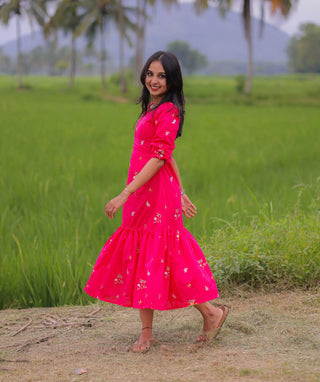 Rosé Pink Embroidered Blossom Maxi Dress in Mul Cotton