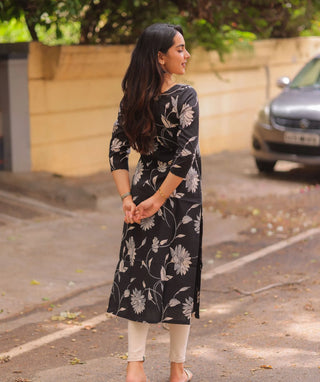 Noir Petals Cotton Kurti – Casual 3/4 Sleeve Everyday Wear