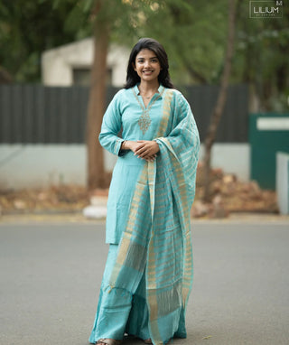 Aqua Celestial Pearl Muslin Silk 3 Piece Festive Set