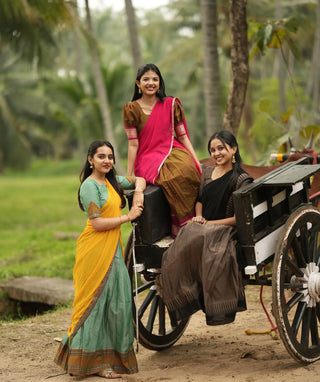 Olive Brown Handloom Half Saree with Rani Pink Dupatta