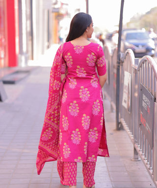 Fuchsia Bloom Cotton 3 Piece Set with Pockets for Women