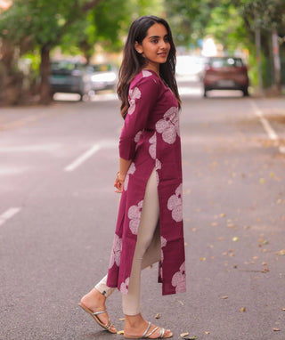 Wine Floral Cotton Kurti – Trending Ethnic Wear