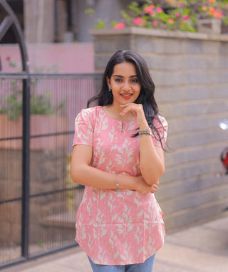 Baby Pink Floral Short Top in Handblock Cotton