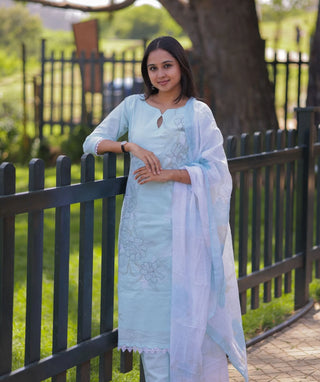 Frosted Mint Embroidered Cotton 3 Piece Festive Wear Set