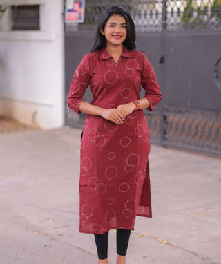 Crimson Merlot Cotton Kurti with 3/4 Sleeves